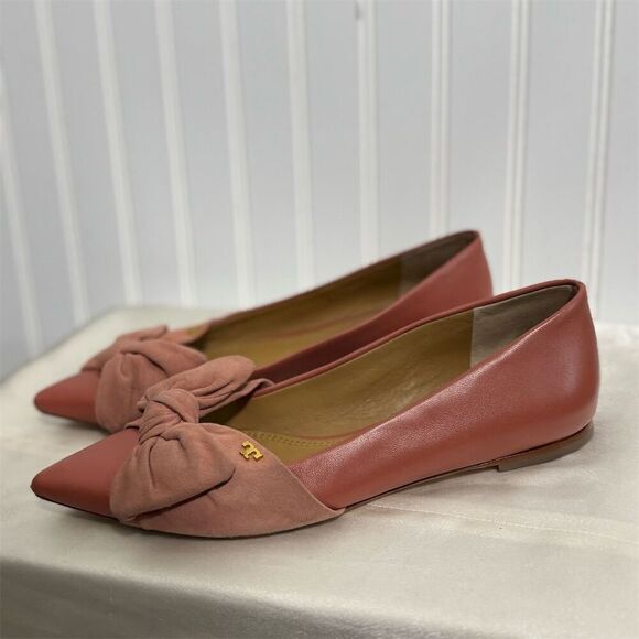 Tory Burch Brown Leather Logo Slip-On Flats 7 Ballet Loafers Preppy Classic - Picture 1 of 9